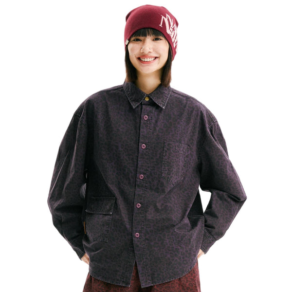 BLACKARMADA Heavyweight Leopard Print Shirt Jacket – Vintage Washed Cotton, Casual Unisex Streetwear