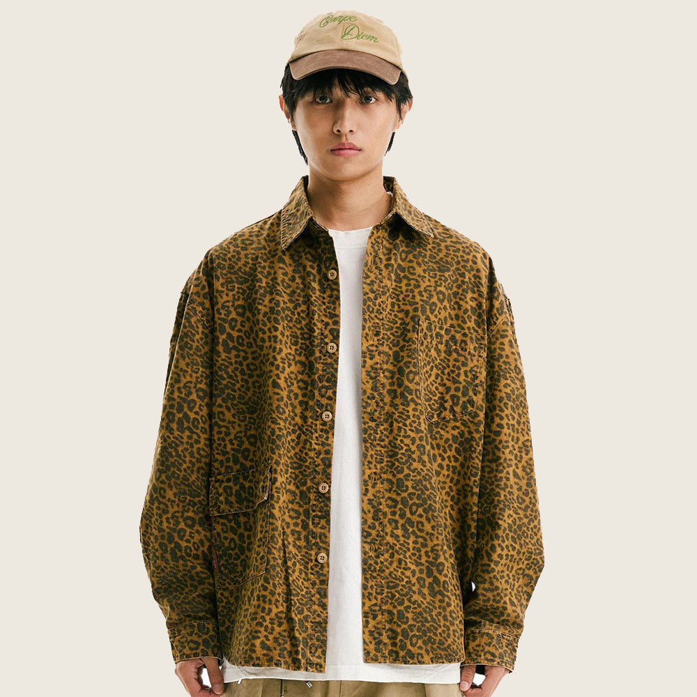BLACKARMADA Heavyweight Leopard Print Shirt Jacket β Vintage Washed Cotton, Casual Unisex Streetwear