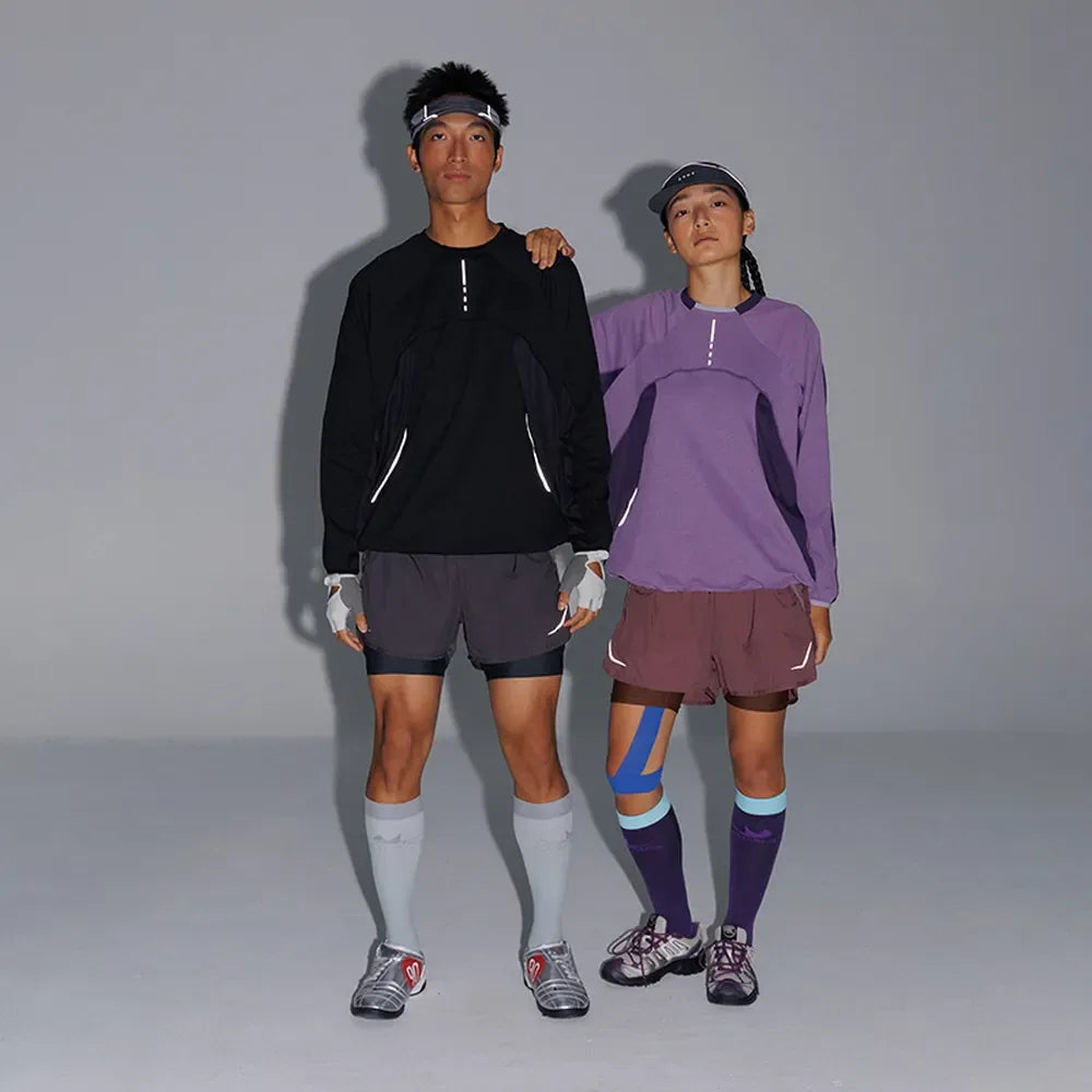 BLACKARMADA Unisex Lightweight Long Sleeve Workout Shirt, Quick Dry Running Cycling Top with Thumb Holes & Reflective Design Dark Purple