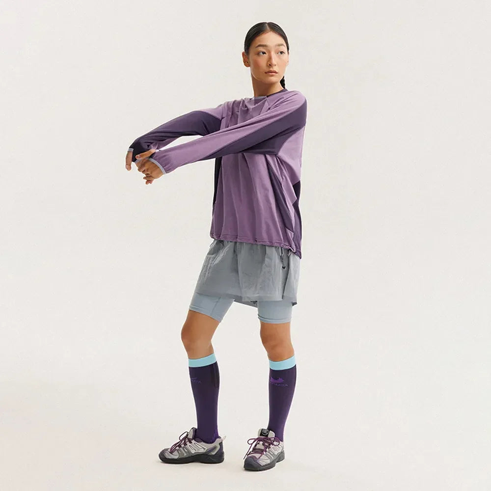 BLACKARMADA Unisex Lightweight Long Sleeve Workout Shirt, Quick Dry Running Cycling Top with Thumb Holes & Reflective Design Dark Purple