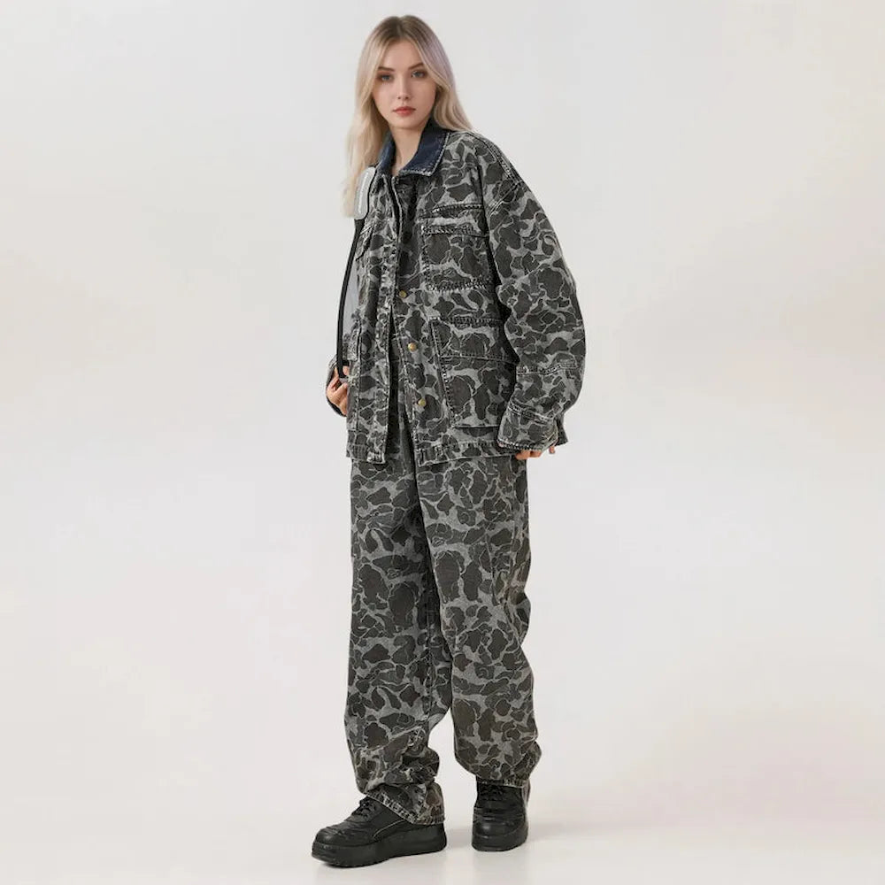 BLACKARMADA Unisex Camo Baggy Work Pants – Vintage Washed Heavy Cotton, Straight Leg