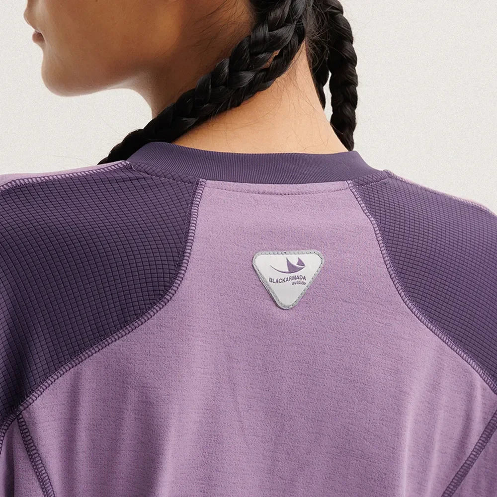 BLACKARMADA Unisex Lightweight Long Sleeve Workout Shirt, Quick Dry Running Cycling Top with Thumb Holes & Reflective Design Dark Purple