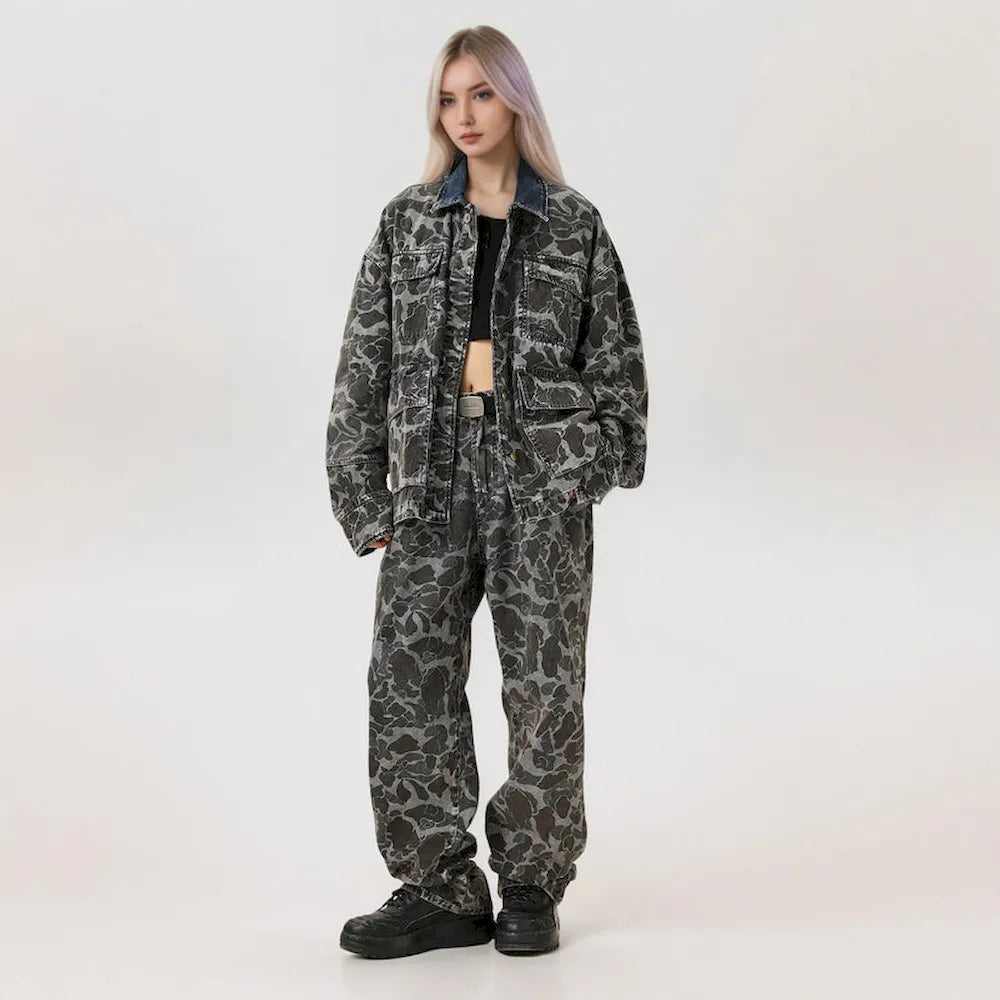 BLACKARMADA Unisex Camo Baggy Work Pants – Vintage Washed Heavy Cotton, Straight Leg